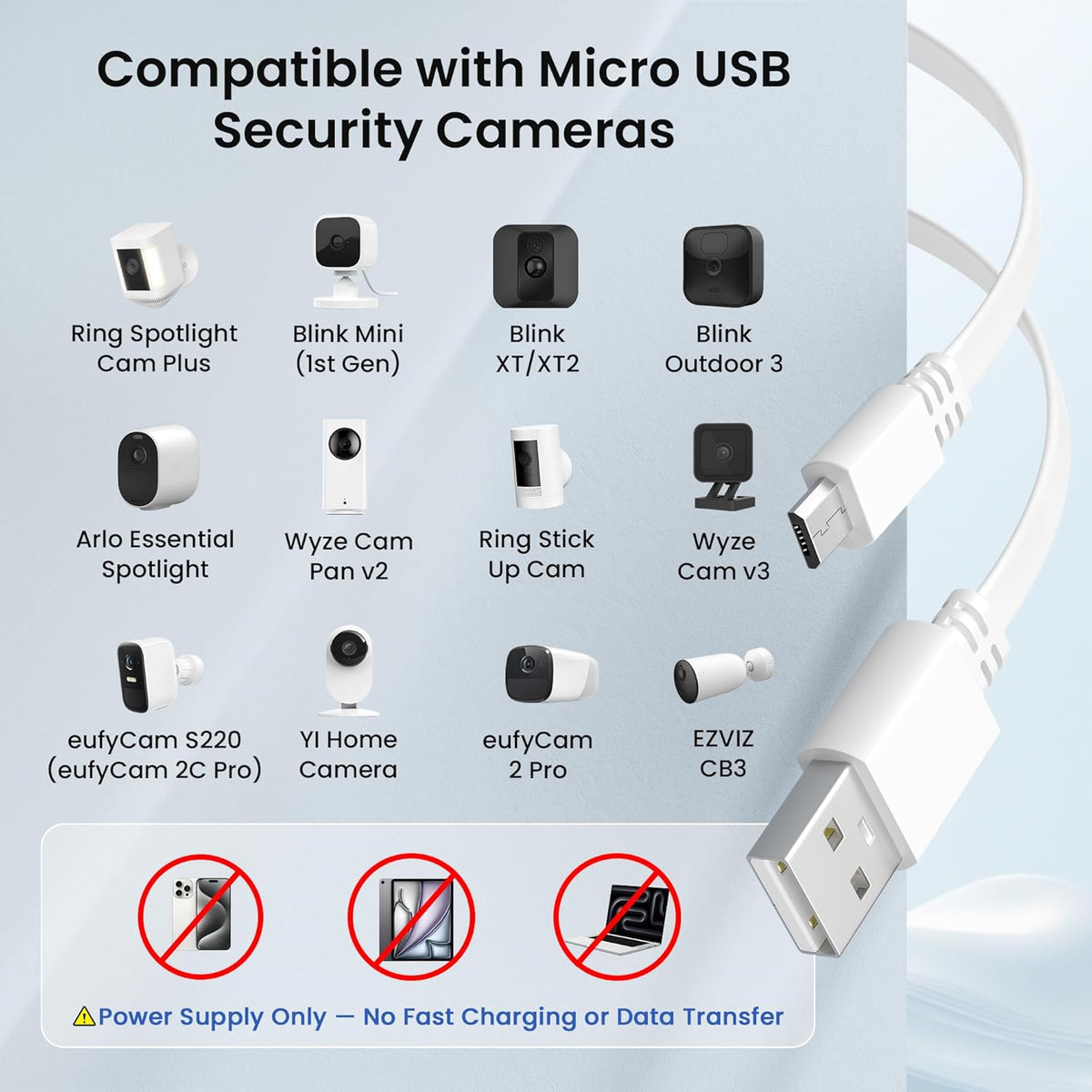 20FT/6M Flat USB A to Micro USB Power Extension Cable - 2 Pack, White | Long Charging Extender Cord for Security Cameras and Smart Home Devices including Blink Mini/Xt2, Wyze Cam V4/Og, Yi Home, Ring, Arlo, Eufy, Ezviz