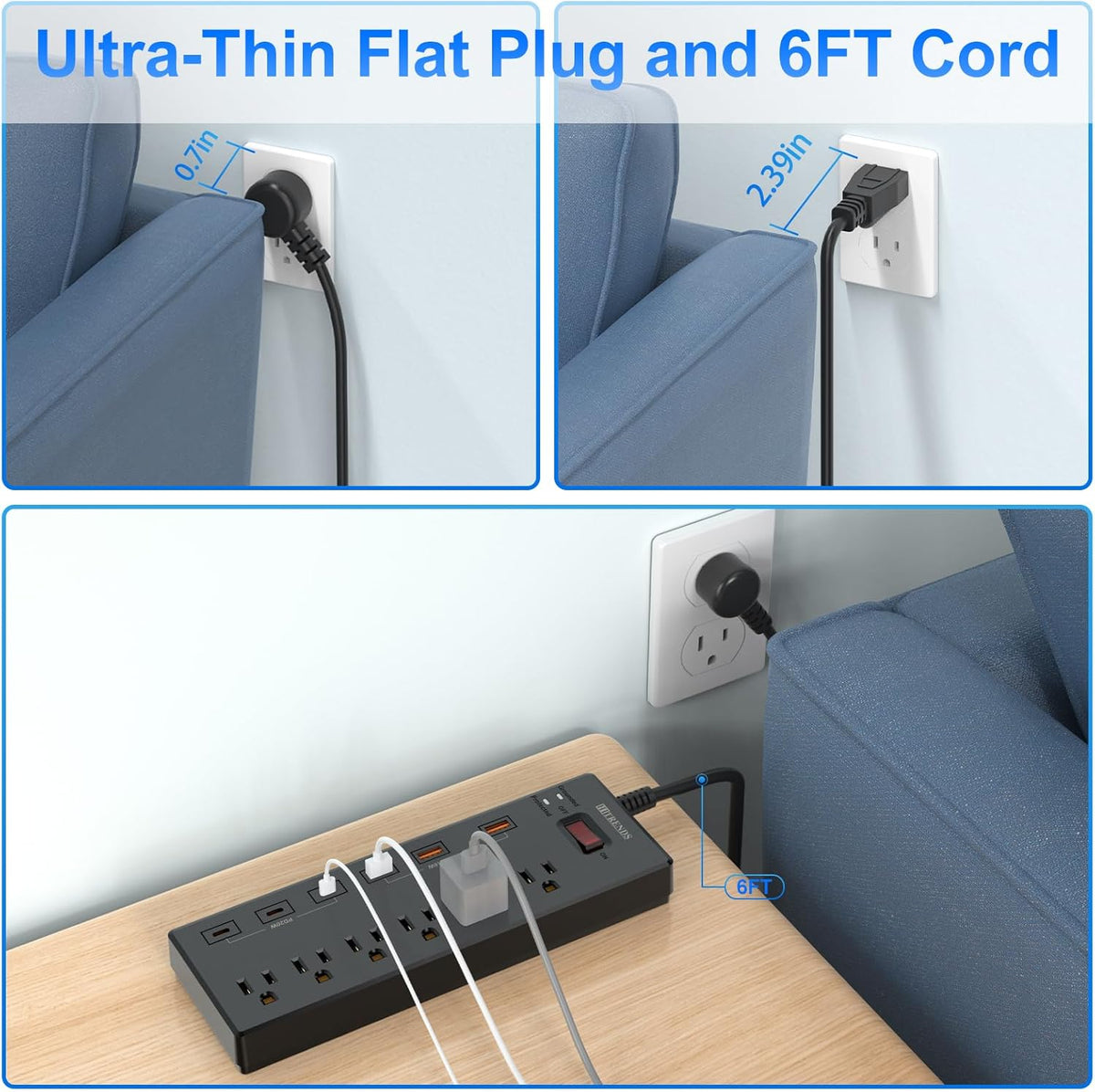 Surge Protector Power Strip with 6 AC Outlets and 6 USB Ports (3 USB-C & 3 USB-A), 20W PD Fast Charging, 6 Ft Flat Plug Extension Cord, 1625W/13A, Ideal for Home and Office Use