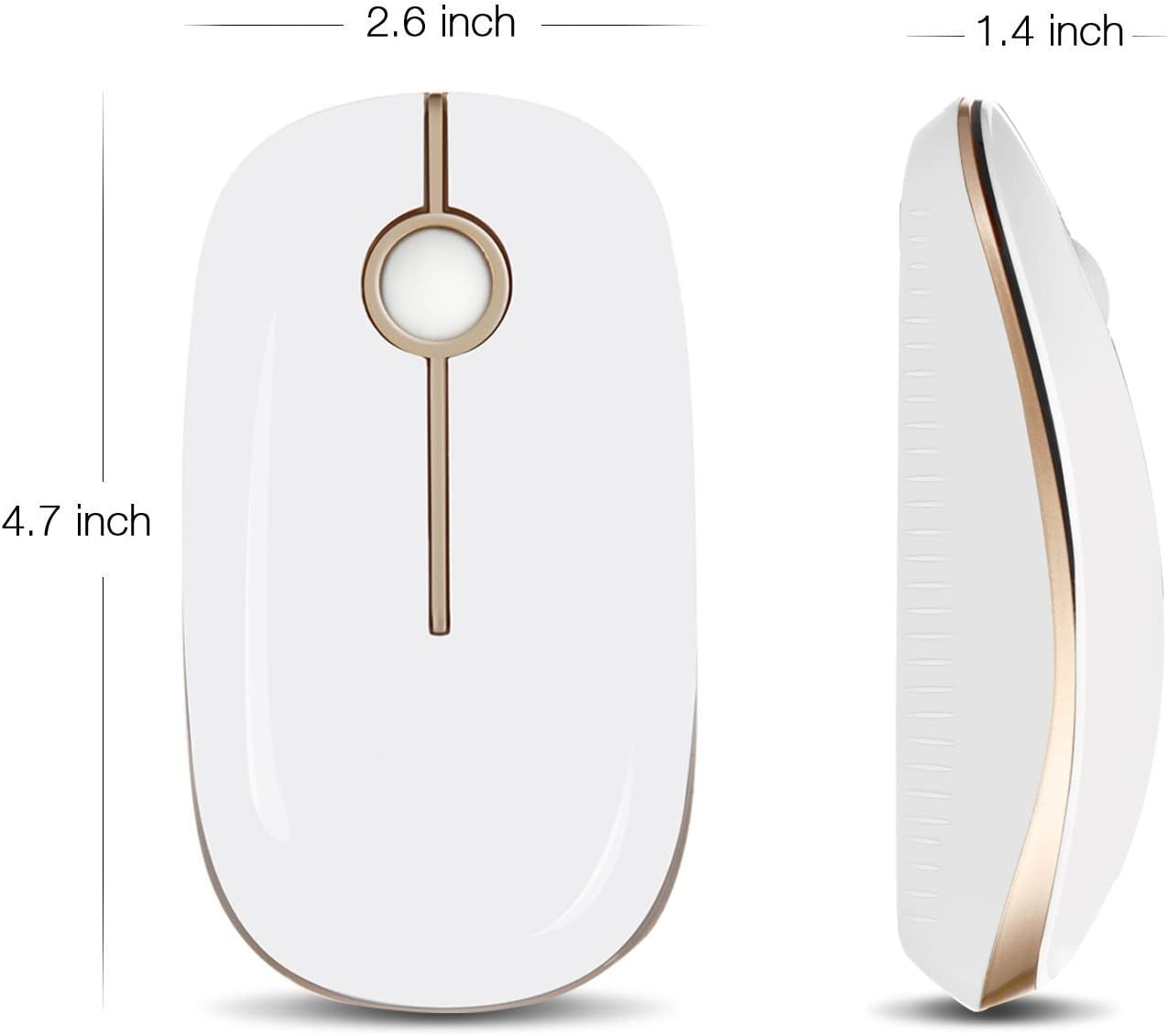 Wireless 2.4G Slim Optical Mouse in White and Gold | Portable Plug & Play USB Nano Receiver, Silent Operation for Notebooks, PCs, Laptops, Windows, and Mac