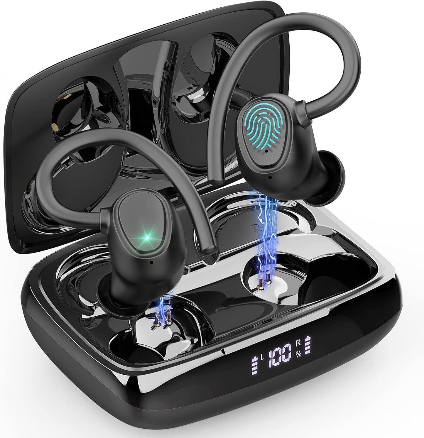 Bluetooth 5.1 Wireless Earbuds with Noise Cancelling, Deep Bass, and Ear Hooks - IP7 Waterproof Headphones with 48 Hours Playtime and Built-in Microphone for Sports and Gym Activities