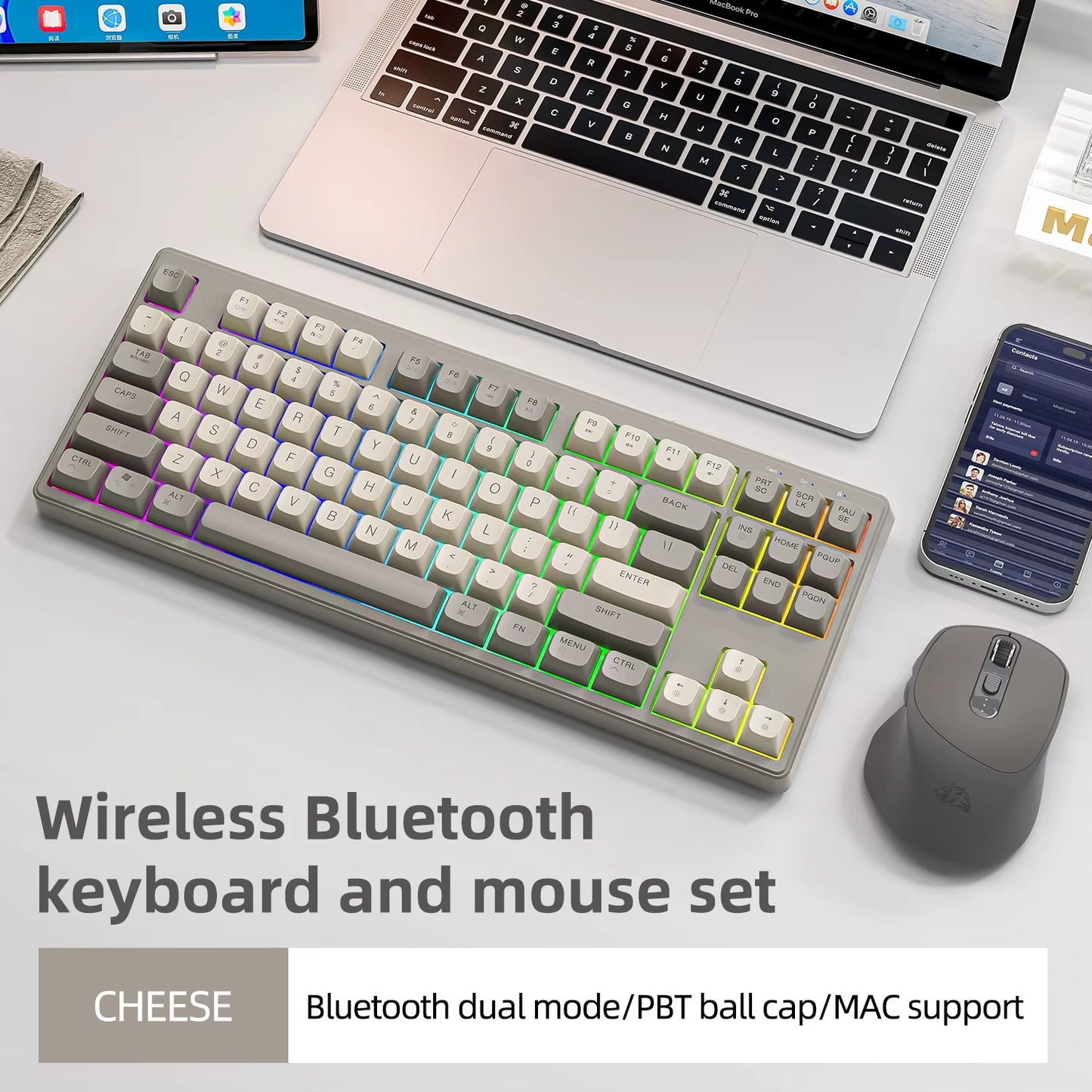 M87 Dual Mode Bluetooth Wireless Gaming Keyboard, 87 Keys with RGB Rainbow Lighting and PBT Keycaps for Quiet Office and Gaming Use