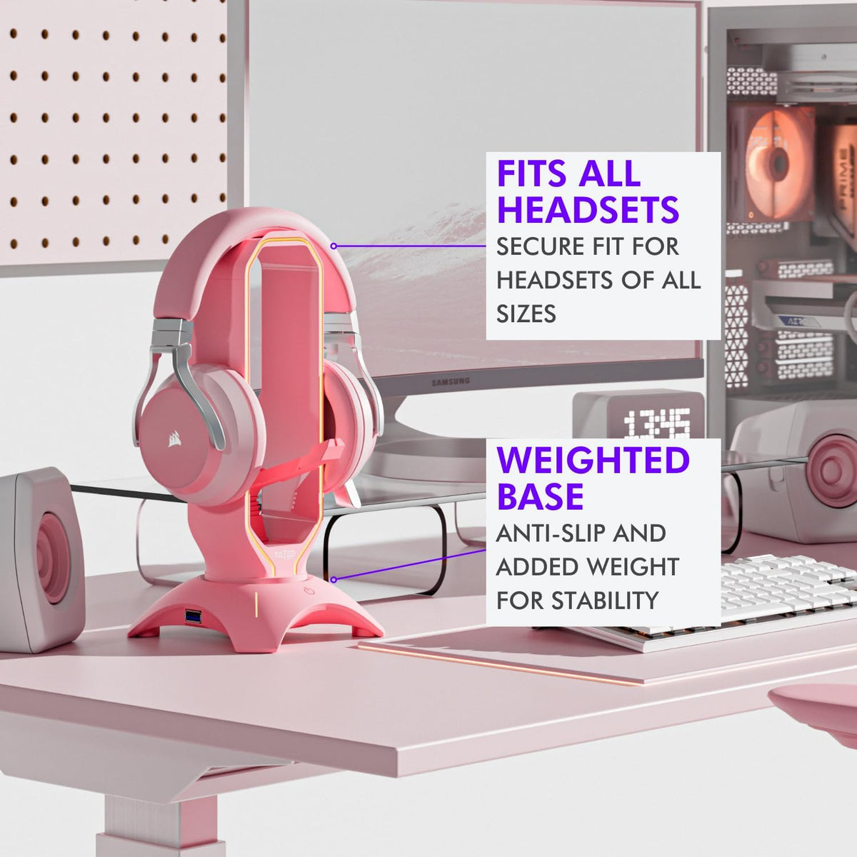 Elegant Pink Headphone Stand with RGB Lighting, Mouse Bungee Holder, and Dual USB Hub Charger - Premium Desk Gaming Accessories