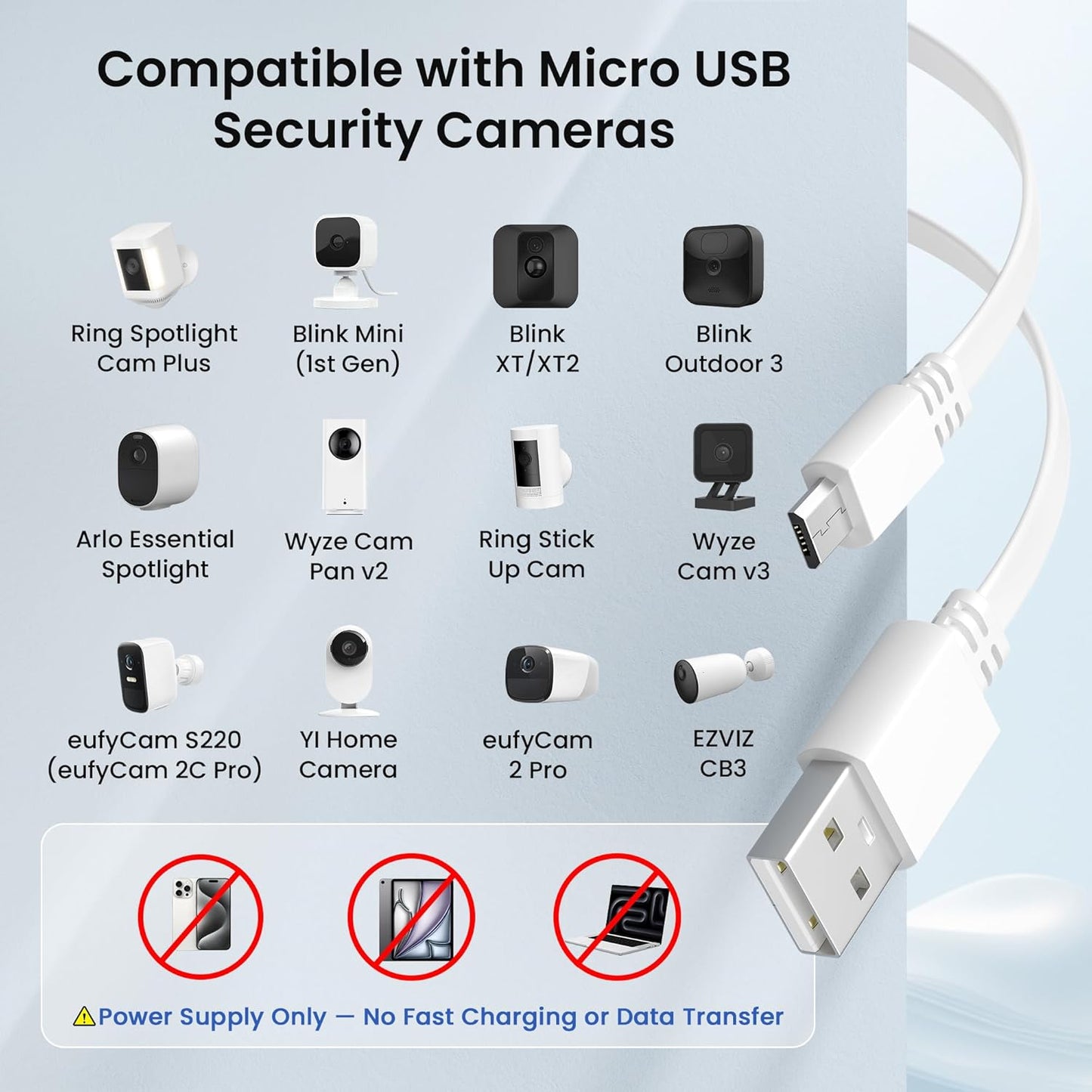 20FT/6M Flat USB A to Micro USB Power Extension Cable - 2 Pack, White | Long Charging Extender Cord for Security Cameras and Smart Home Devices including Blink Mini/Xt2, Wyze Cam V4/Og, Yi Home, Ring, Arlo, Eufy, Ezviz