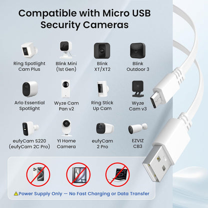 20FT/6M Flat USB A to Micro USB Power Extension Cable - 2 Pack, White | Long Charging Extender Cord for Security Cameras and Smart Home Devices including Blink Mini/Xt2, Wyze Cam V4/Og, Yi Home, Ring, Arlo, Eufy, Ezviz