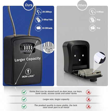 XXL Portable Key Lock Box with 15-Inch Steel Cable, Holds 20-30 Keys and Car Fobs, Features Unique Built-In Tray, Versatile Mounting Options, Resettable Code, and Protective Dial Cover