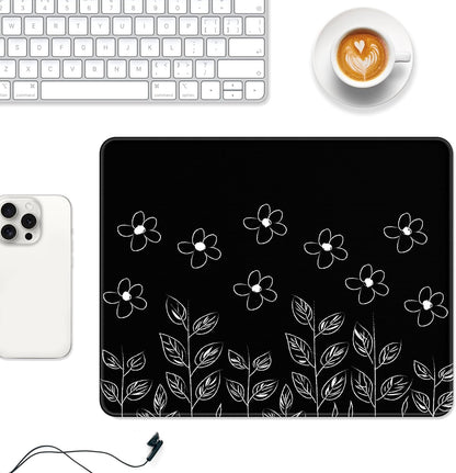 Premium Flower-Themed Mouse Pad, 12 x 10 inches, Non-Slip Rubber with Stitched Edges, Waterproof Square Mat for Gaming and Work, Compatible with Wireless Mice, Black