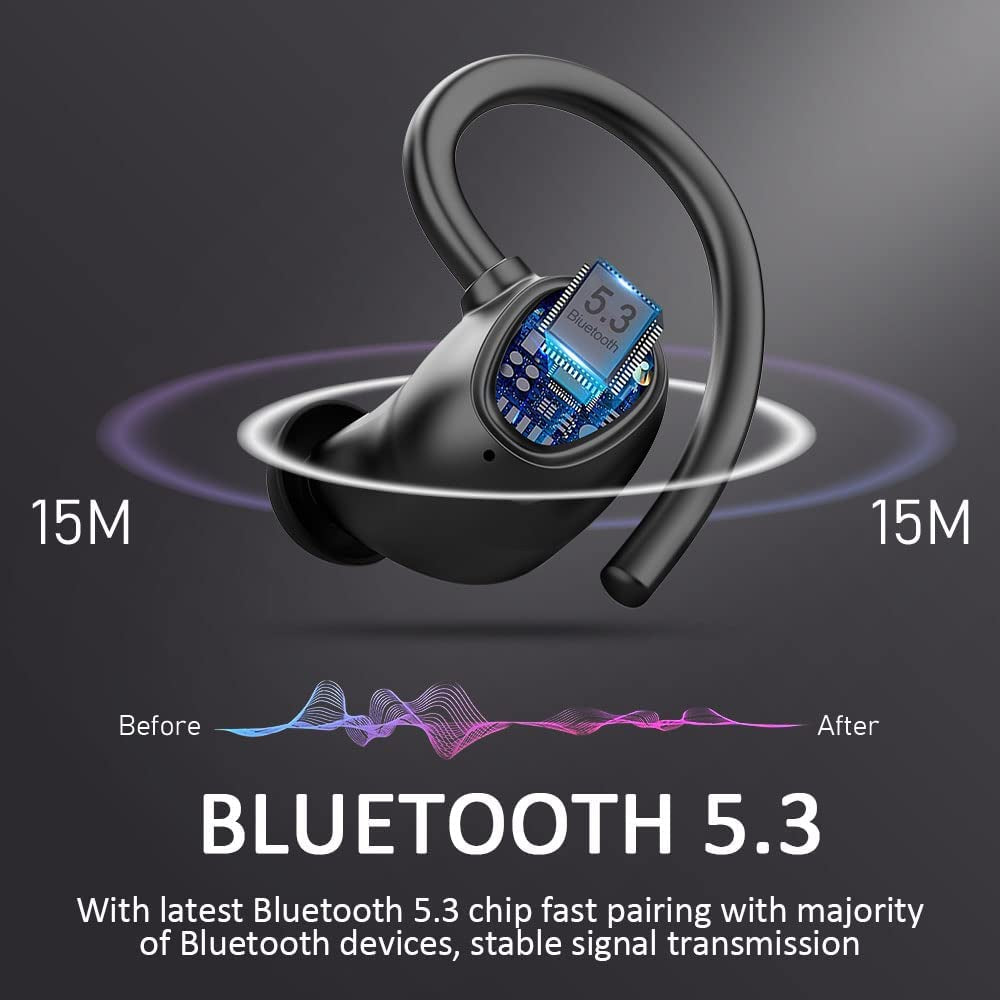 Bluetooth 5.1 Wireless Earbuds with Noise Cancelling, Deep Bass, and Ear Hooks - IP7 Waterproof Headphones with 48 Hours Playtime and Built-in Microphone for Sports and Gym Activities