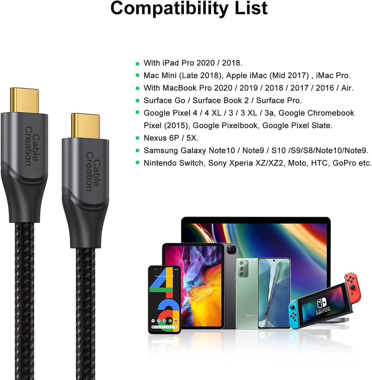 10FT USB C to C Cable, 100W 20V/5A Braided Fast Charging Cable, 480Mbps Data Transfer for MacBook Pro, iPad Air, XPS, Galaxy S23/S23+/S22/S21, Compatible with Other USB C Devices, Gray