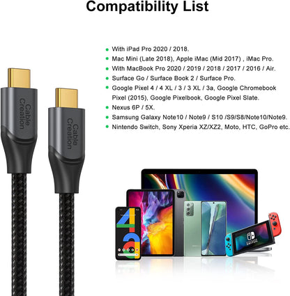 10FT USB C to C Cable, 100W 20V/5A Braided Fast Charging Cable, 480Mbps Data Transfer for MacBook Pro, iPad Air, XPS, Galaxy S23/S23+/S22/S21, Compatible with Other USB C Devices, Gray