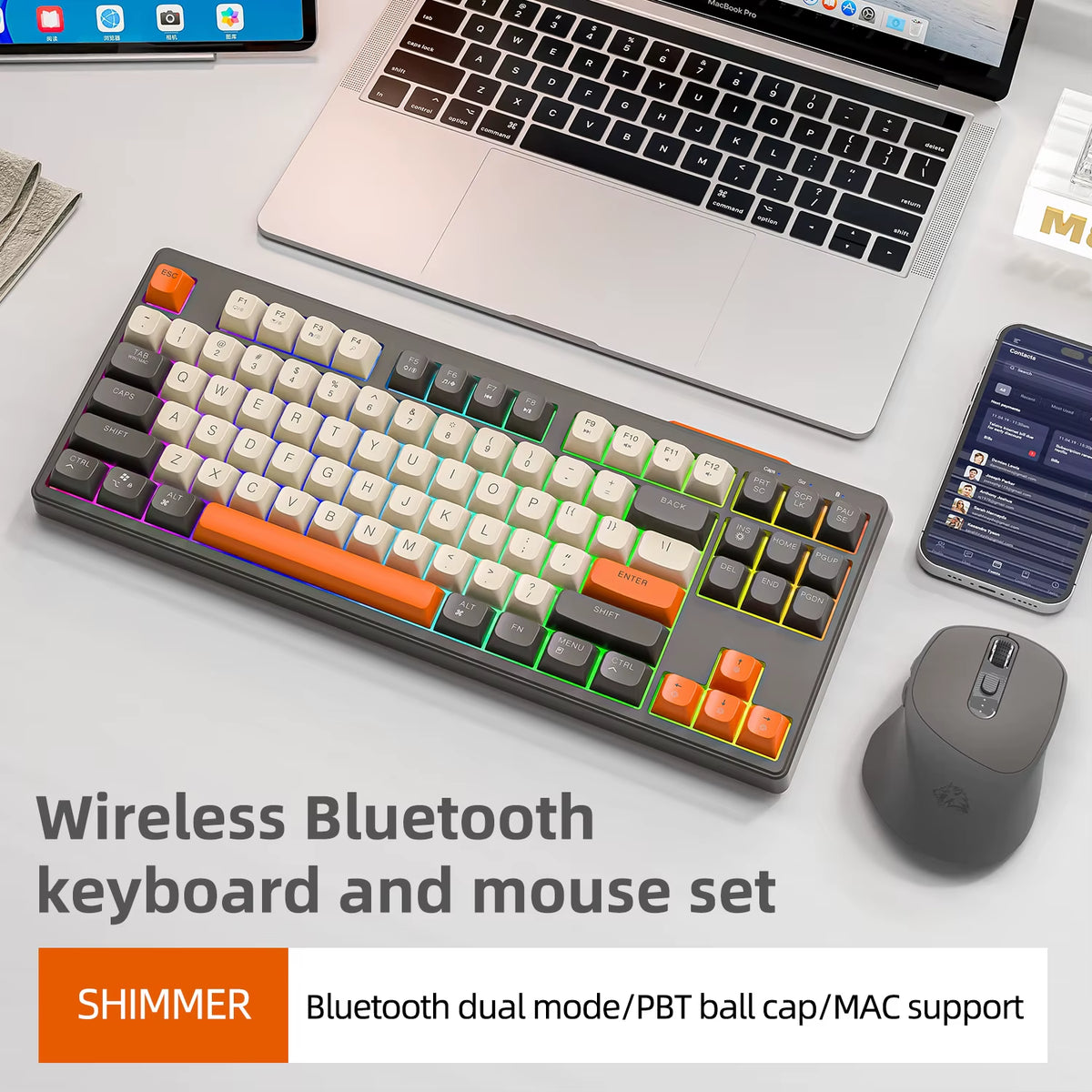 M87 Dual Mode Bluetooth Wireless Gaming Keyboard, 87 Keys with RGB Rainbow Lighting and PBT Keycaps for Quiet Office and Gaming Use