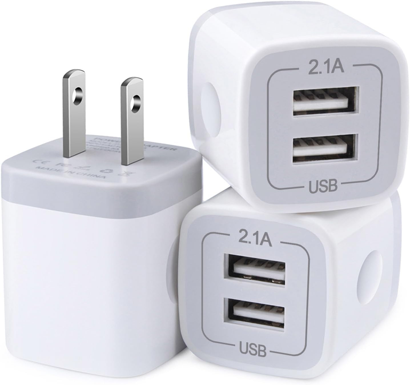 USB Wall Charger - Dual USB Fast Charging Cube Power Adapter (2.1A) - 3-Pack for iPhone 17/16/15/14/13/12/11 Pro Max, XS, XR, X, 8 and Samsung Galaxy S25 Ultra, A17