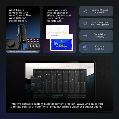 Wave:3 USB Condenser Microphone for Streaming - Cardioid Capsule, 24-Bit/96kHz Audio, Anti-Distortion Clipguard, Complimentary Mixer Software, Plug and Play for Mac and PC