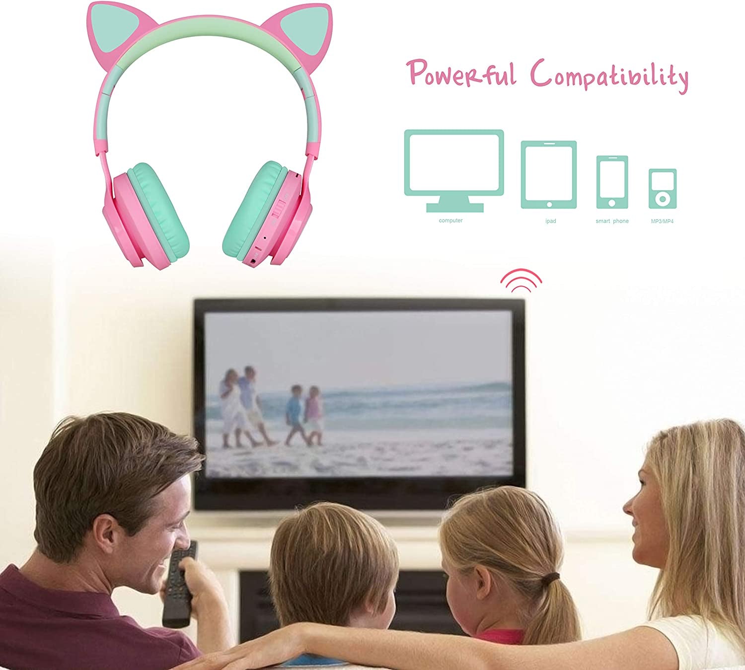 CT-7 Bluetooth Cat Ear Headphones for Kids with LED Lights, Wireless Over-Ear Design, Microphone, and Volume Control - Ideal for Travel, School, Smartphones, Laptops, and TVs (Pink & Green)