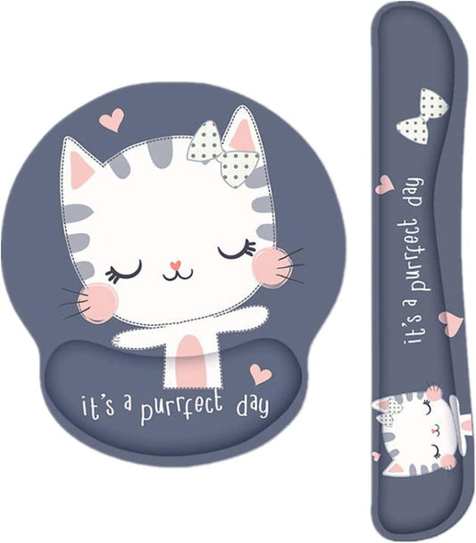 Keyboard Wrist Rest and Mouse Pad with Wrist Support, Memory Foam Set for Computer/Laptop/Mac,Gaming and Office, Sturdy & Comfortable & Lightweight for Easy Typing & Pain Relief (Cute Cat)