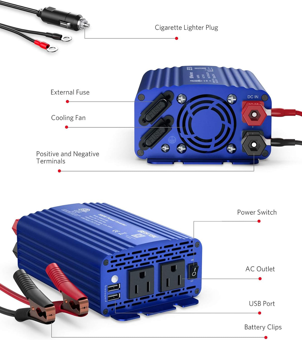 500W Vehicle Power Inverter DC 12V to AC 110V with Dual USB Ports, Dual AC Outlets, Alligator Battery Clamps, and Car Charger Adapter for Phones and Laptops