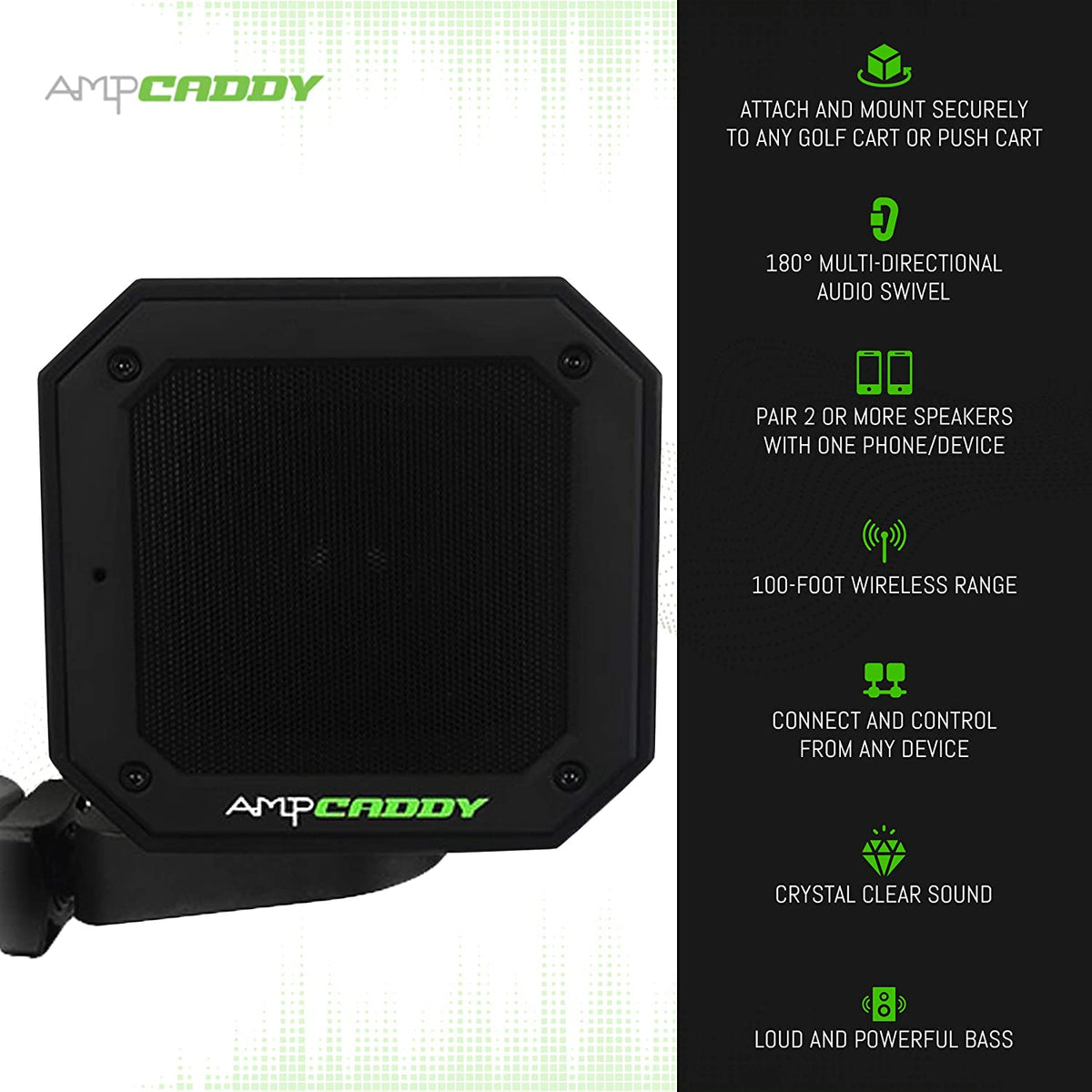 Golf Bluetooth Speaker with Mount, Bluetooth Speaker and Mount with Loud Stereo Sound and Bass Boost, Extended Playtime and Range (V3 Pro - 15 Watts)