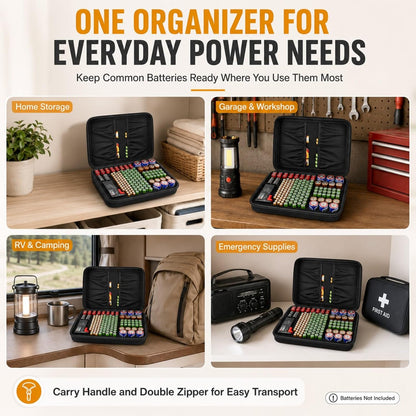 Battery Storage Case with Tester for 148+ AA AAA C D 9V Batteries, Hard-Shell Design with Carry Handle and Custom Foam Slots for Organization and Visibility in Home, Garage, or Office