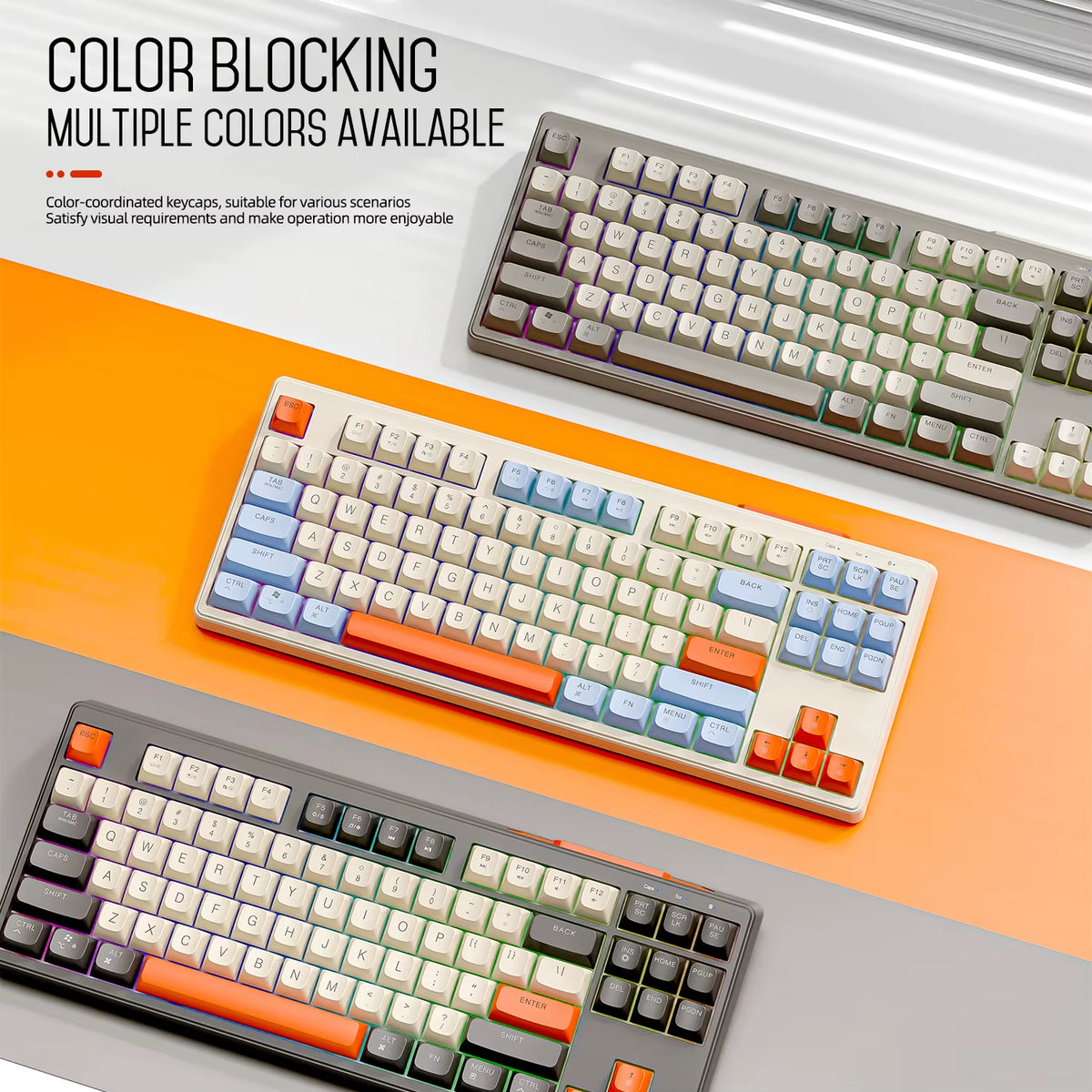 M87 Dual Mode Bluetooth Wireless Gaming Keyboard, 87 Keys with RGB Rainbow Lighting and PBT Keycaps for Quiet Office and Gaming Use