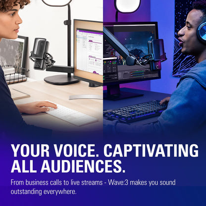 Wave:3 USB Condenser Microphone for Streaming - Cardioid Capsule, 24-Bit/96kHz Audio, Anti-Distortion Clipguard, Complimentary Mixer Software, Plug and Play for Mac and PC