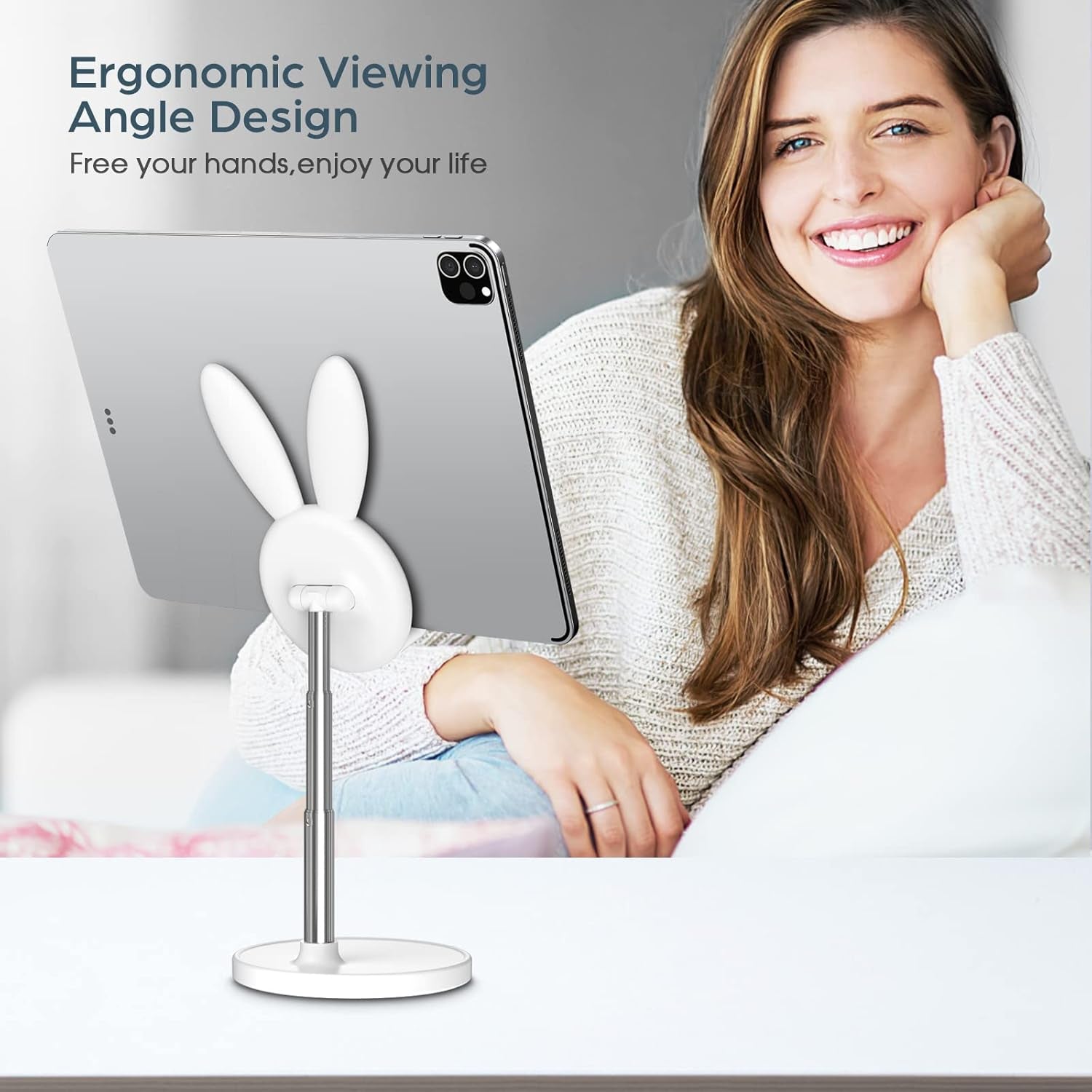 Adjustable Bunny Rabbit Phone and Tablet Stand | Height and Angle Adjustable, Anti-Slip Design with Charging Hole, Ideal Gift for Women and Girls, Compatible with 4-12.9 Inch Devices