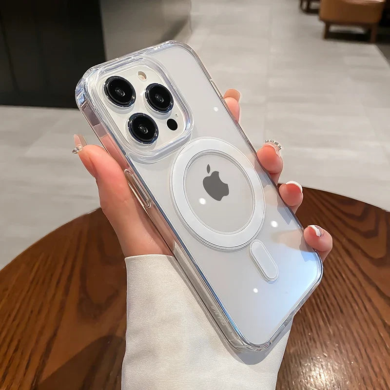 MagSafe-Compatible Transparent Wireless Charging Case for iPhone 11-17 and AirPods Pro Max Plus Mini - Shockproof PC Cover