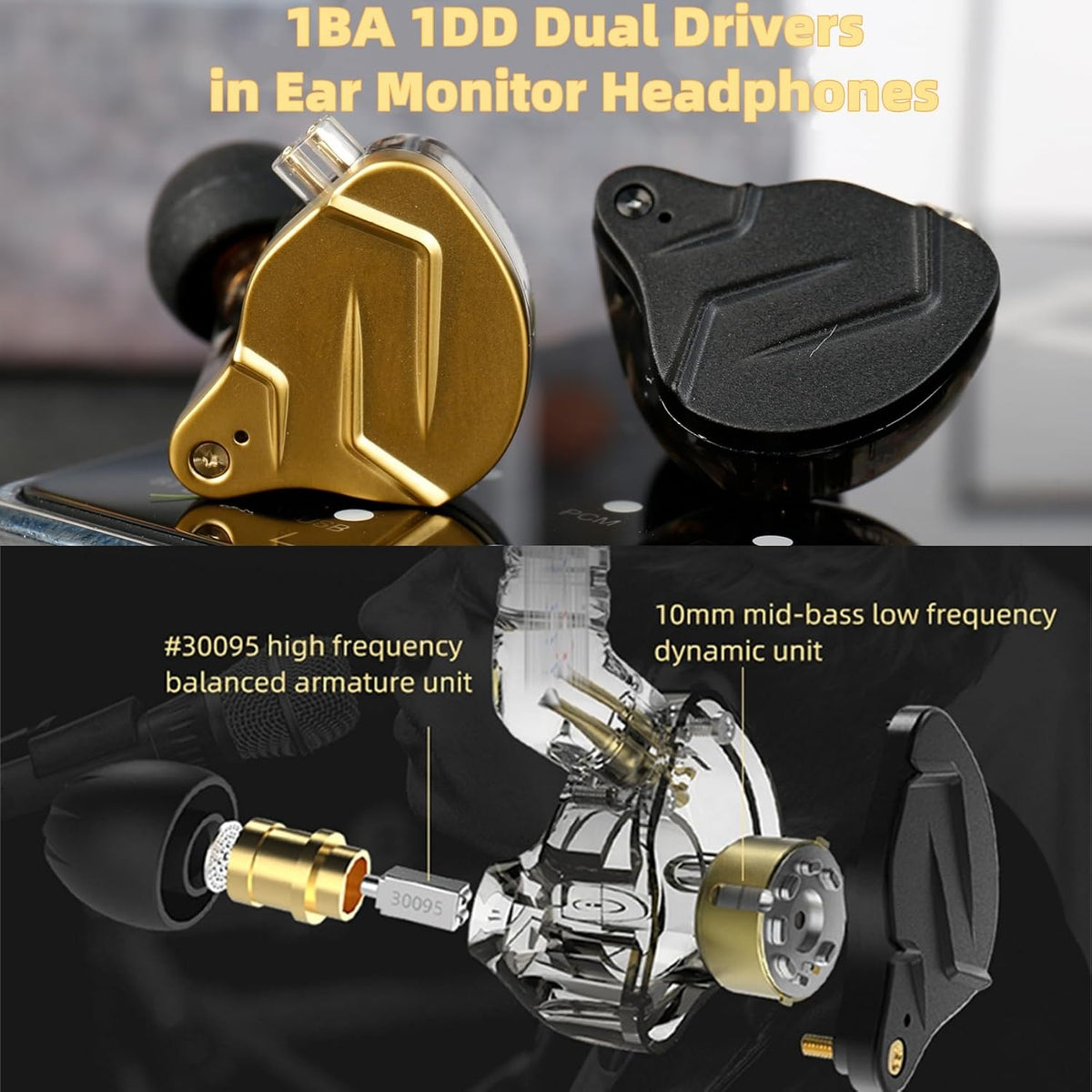 KZ ZSN PRO X High-Fidelity In-Ear Monitor Headphones with Hybrid Dual Driver, Detachable Tangle-Free Cable, Ideal for Gaming and Multimedia Use (Gold, Without Microphone)