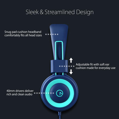 K11 Children's Headphones with 3.5mm Wired Connection - Navy/Teal | 5ft Tangle-Free Cord, Foldable Design, On-Ear Headset for School, Classroom, and Travel