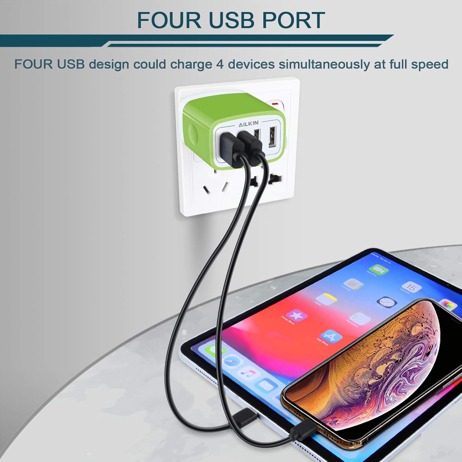 Wall Charger, USB Charger Adapter, 4.8A 4Multi Port Fast Charging Station | Power Base Block Plug Cube Brick for Iphone, Ipad, Samsung Galaxy, Moto, Google Pixel, Kindle Fire Plug Cargador Carro