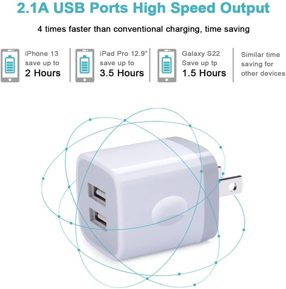 USB Wall Charger - Dual USB Fast Charging Cube Power Adapter (2.1A) - 3-Pack for iPhone 17/16/15/14/13/12/11 Pro Max, XS, XR, X, 8 and Samsung Galaxy S25 Ultra, A17