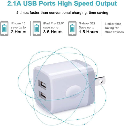USB Wall Charger - Dual USB Fast Charging Cube Power Adapter (2.1A) - 3-Pack for iPhone 17/16/15/14/13/12/11 Pro Max, XS, XR, X, 8 and Samsung Galaxy S25 Ultra, A17