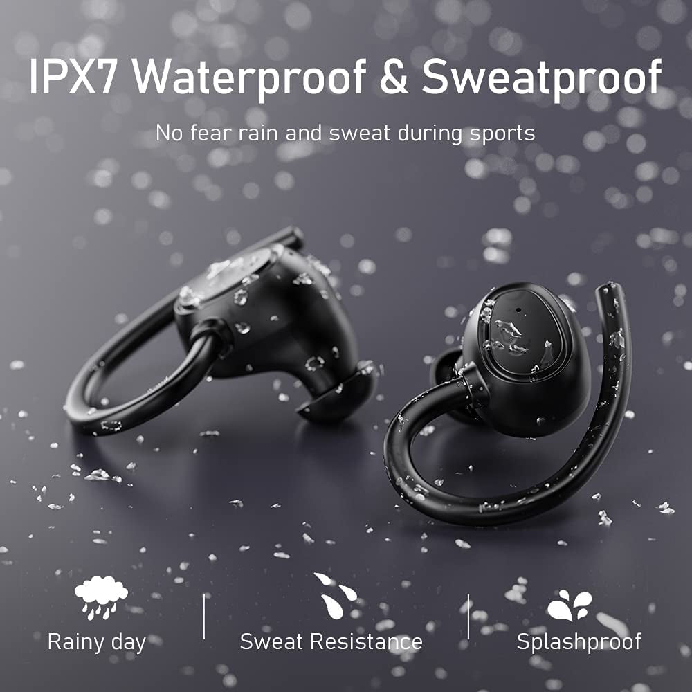 Bluetooth 5.1 Wireless Earbuds with Noise Cancelling, Deep Bass, and Ear Hooks - IP7 Waterproof Headphones with 48 Hours Playtime and Built-in Microphone for Sports and Gym Activities