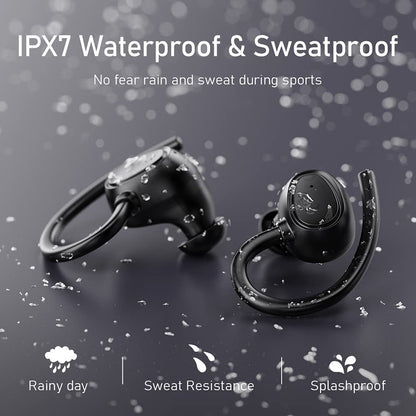 Bluetooth 5.1 Wireless Earbuds with Noise Cancelling, Deep Bass, and Ear Hooks - IP7 Waterproof Headphones with 48 Hours Playtime and Built-in Microphone for Sports and Gym Activities
