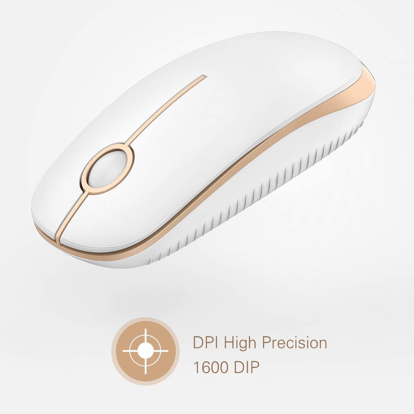 Wireless 2.4G Slim Optical Mouse in White and Gold | Portable Plug & Play USB Nano Receiver, Silent Operation for Notebooks, PCs, Laptops, Windows, and Mac