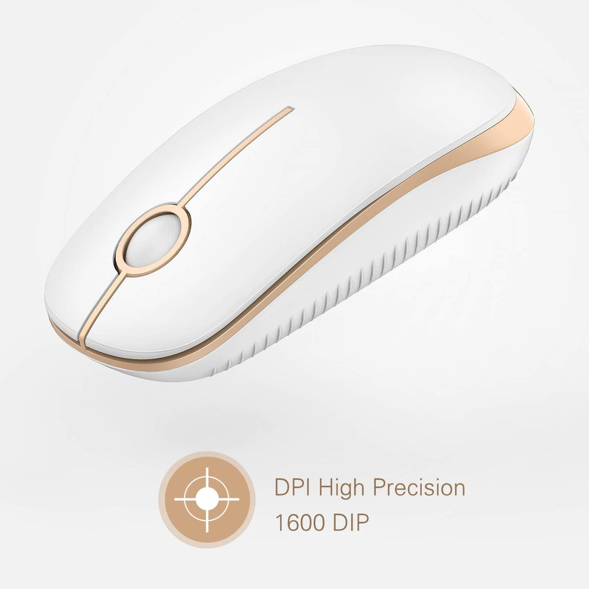 Wireless 2.4G Slim Optical Mouse in White and Gold | Portable Plug & Play USB Nano Receiver, Silent Operation for Notebooks, PCs, Laptops, Windows, and Mac