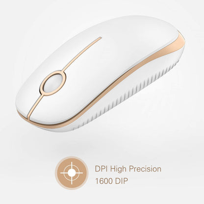 Wireless 2.4G Slim Optical Mouse in White and Gold | Portable Plug & Play USB Nano Receiver, Silent Operation for Notebooks, PCs, Laptops, Windows, and Mac
