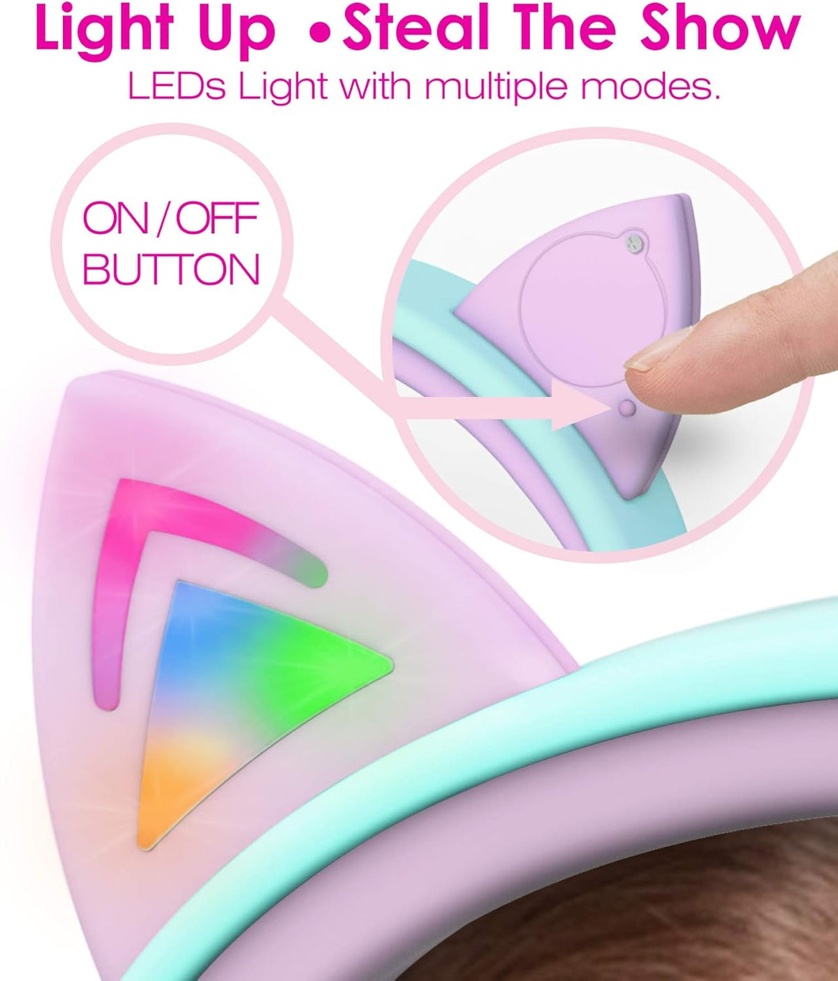Children's Wired Headphones with LED Cat Ears (85dB Volume Limit), Soft On-Ear Design, Tangle-Free Cables for iPad/Tablet/School/Travel - Teal/Light Purple and Green Options