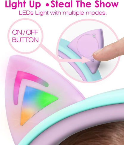 Children's Wired Headphones with LED Cat Ears (85dB Volume Limit), Soft On-Ear Design, Tangle-Free Cables for iPad/Tablet/School/Travel - Teal/Light Purple and Green Options