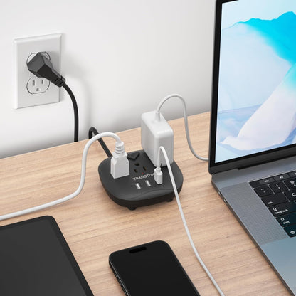 Power Strip with 3 Outlets and 3 USB Ports, Switch Control, 5 Ft Extension Cord, Compact Desktop Charging Station for Nightstand, Office, and Travel - Black