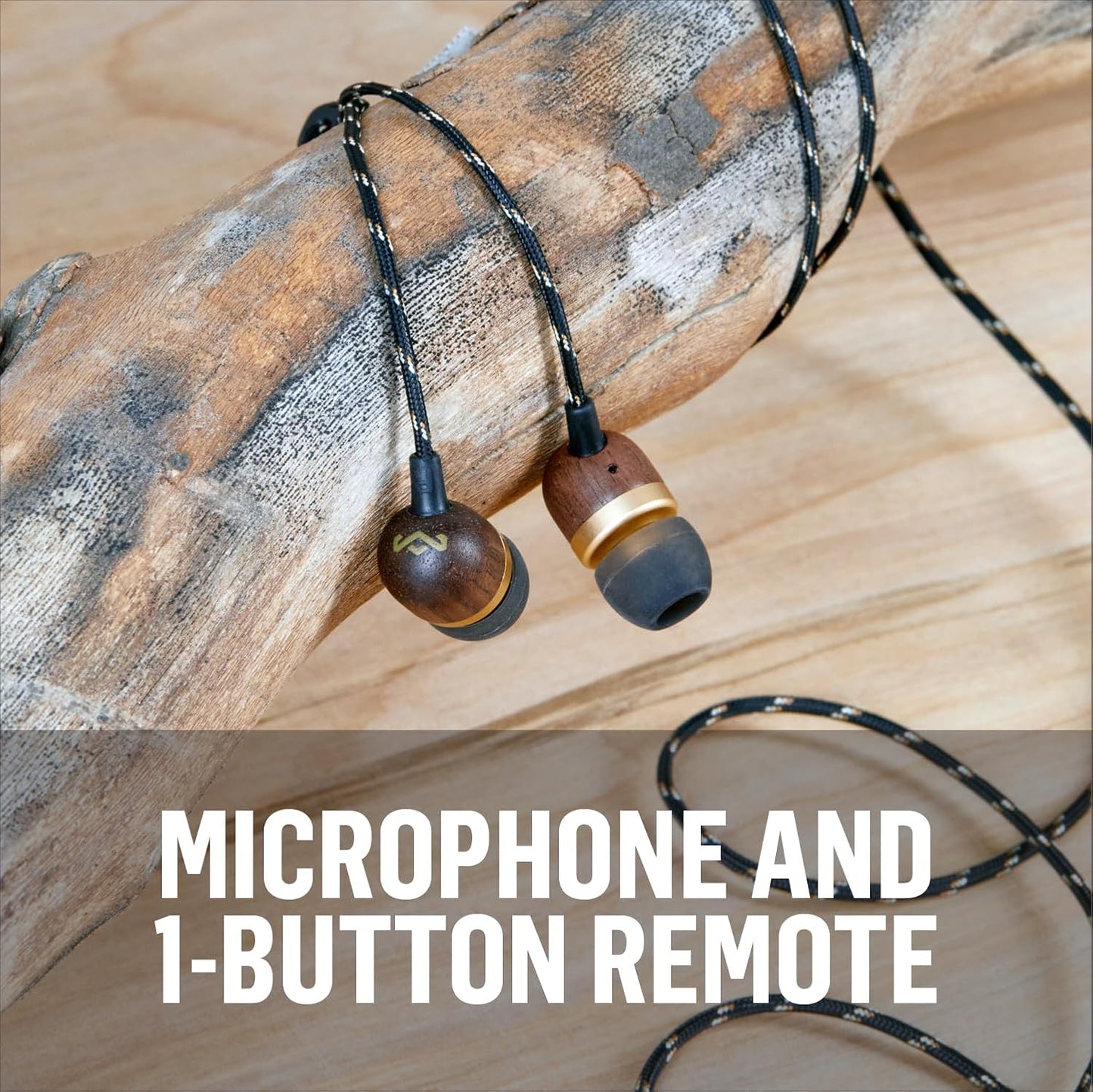 House of Smile Jamaica AUX Wired Earbuds with Microphone, Noise-Isolating In-Ear Headphones, Tangle-Resistant Cable, 3.5mm Jack - Sustainable Brass Design