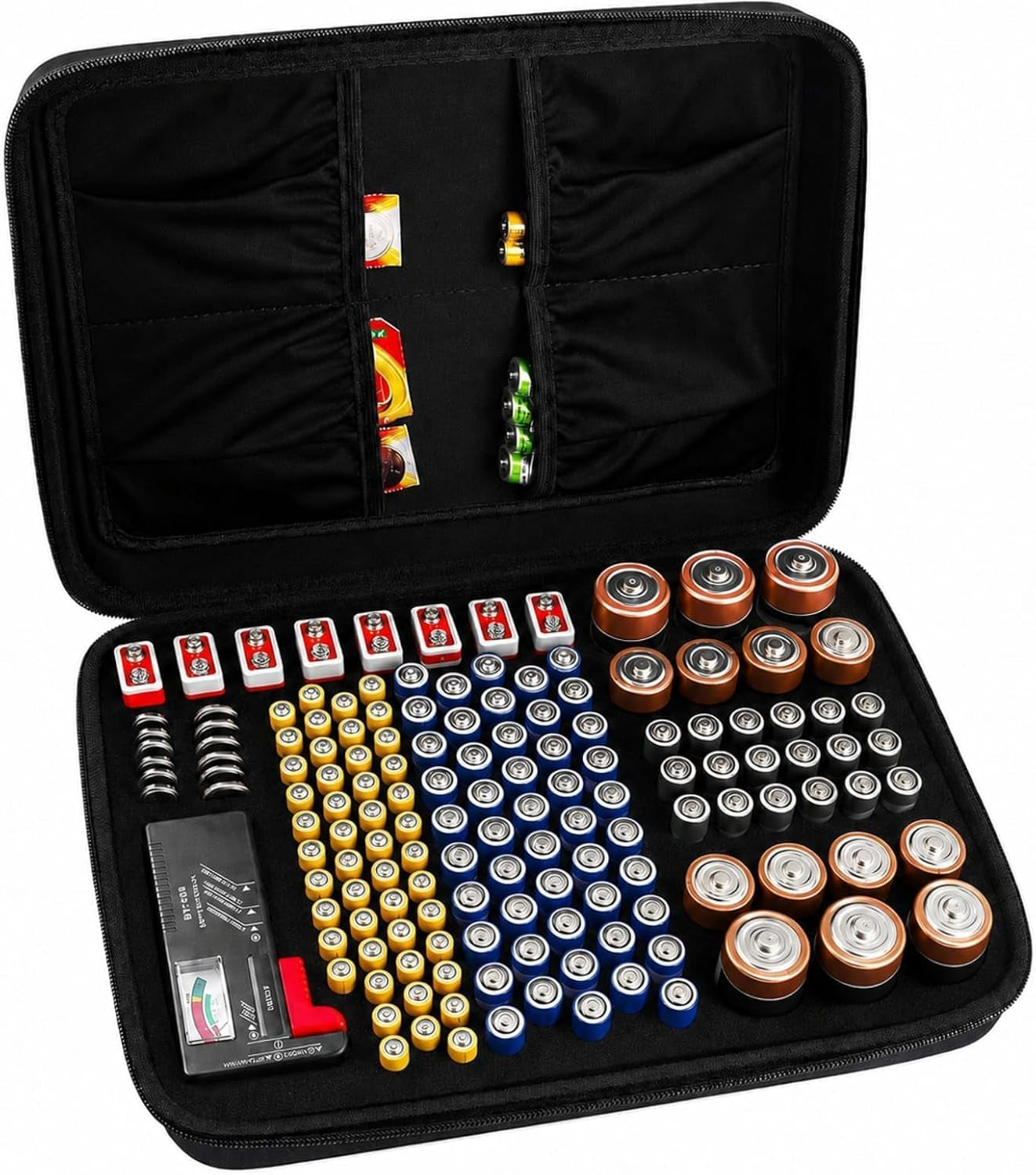 Battery Storage Case with Tester for 148+ AA AAA C D 9V Batteries, Hard-Shell Design with Carry Handle and Custom Foam Slots for Organization and Visibility in Home, Garage, or Office