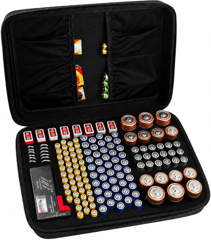 Battery Storage Case with Tester for 148+ AA AAA C D 9V Batteries, Hard-Shell Design with Carry Handle and Custom Foam Slots for Organization and Visibility in Home, Garage, or Office