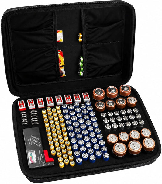 Battery Storage Case with Tester for 148+ AA AAA C D 9V Batteries, Hard-Shell Design with Carry Handle and Custom Foam Slots for Organization and Visibility in Home, Garage, or Office