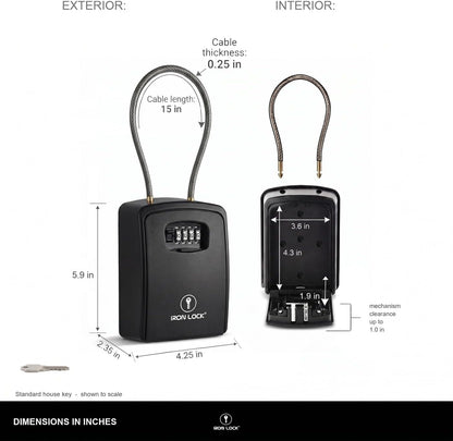 XXL Portable Key Lock Box with 15-Inch Steel Cable, Holds 20-30 Keys and Car Fobs, Features Unique Built-In Tray, Versatile Mounting Options, Resettable Code, and Protective Dial Cover