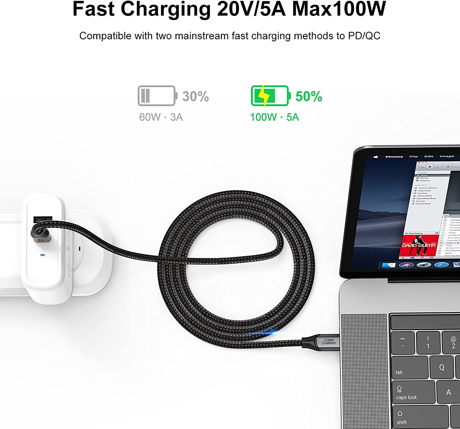 10FT USB C to C Cable, 100W 20V/5A Braided Fast Charging Cable, 480Mbps Data Transfer for MacBook Pro, iPad Air, XPS, Galaxy S23/S23+/S22/S21, Compatible with Other USB C Devices, Gray