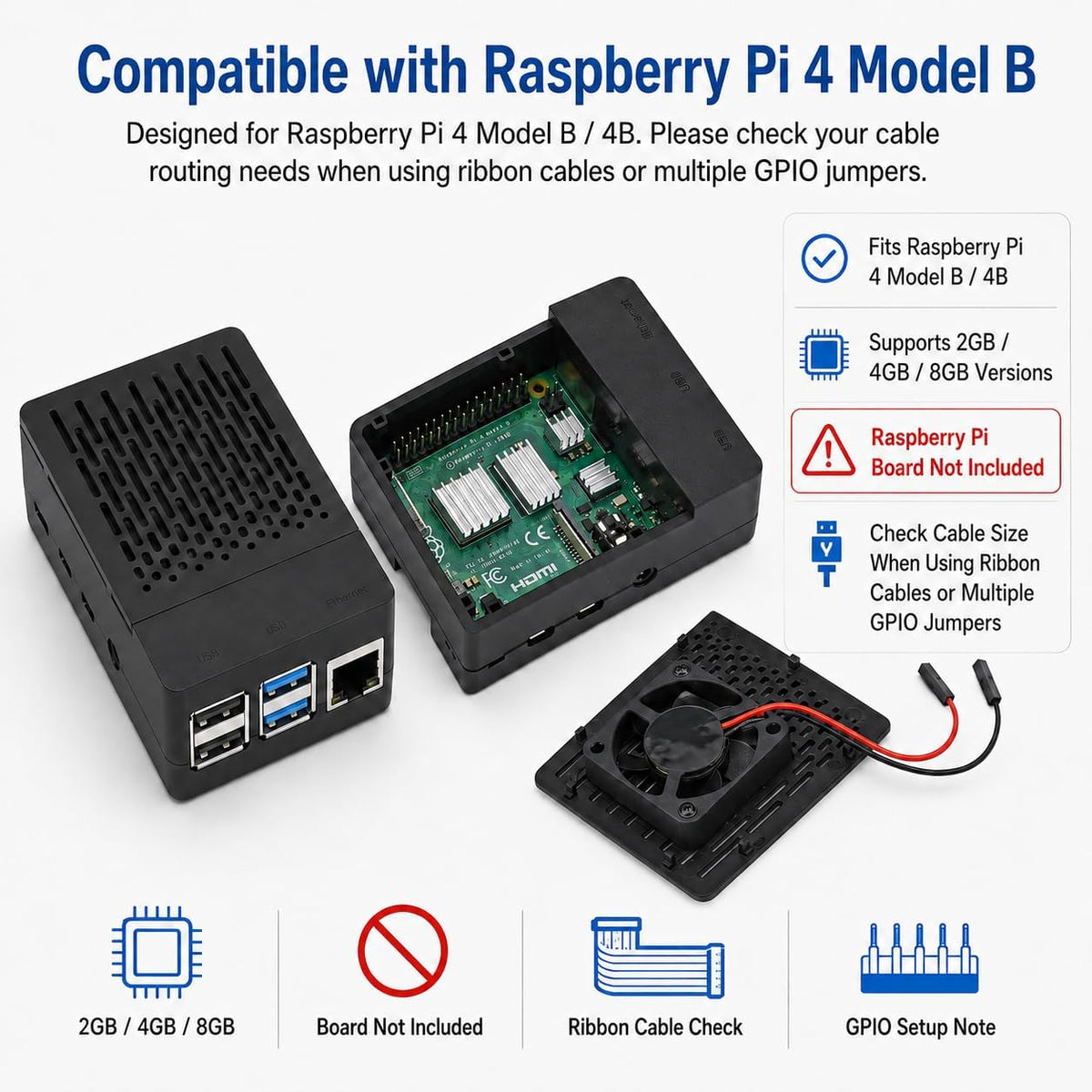 Raspberry Pi 4 ABS Case with Cooling Fan and Heatsink, Removable Top Cover for Model B/4B