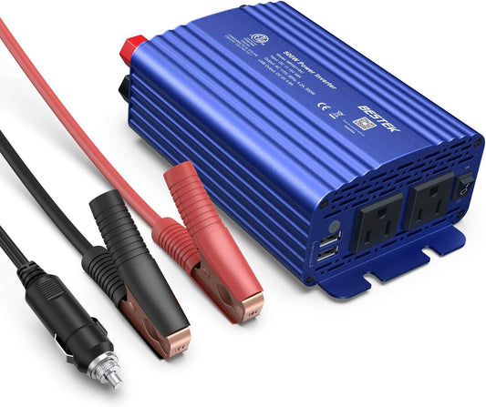 500W Vehicle Power Inverter DC 12V to AC 110V with Dual USB Ports, Dual AC Outlets, Alligator Battery Clamps, and Car Charger Adapter for Phones and Laptops