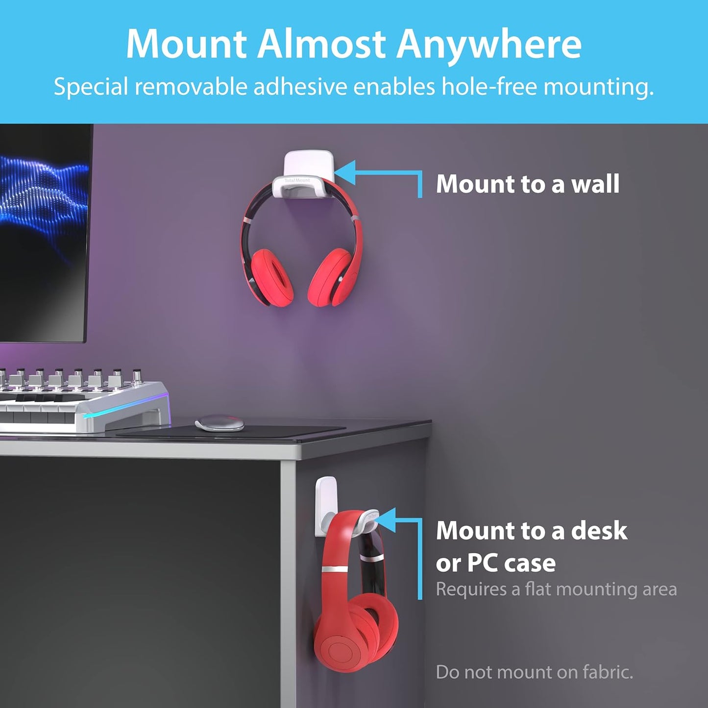 Headphone Holder with Removable Adhesive Strips (White) | USA Designed for Easy, Damage-Free Mounting on Walls, Desks, or PCs (Studio-Grade White Headphone Hanger - Single Pack)
