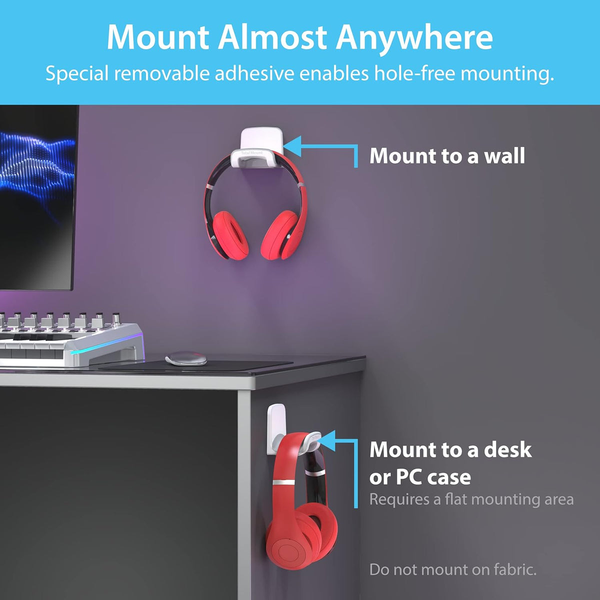 Headphone Holder with Removable Adhesive Strips (White) | USA Designed for Easy, Damage-Free Mounting on Walls, Desks, or PCs (Studio-Grade White Headphone Hanger - Single Pack)