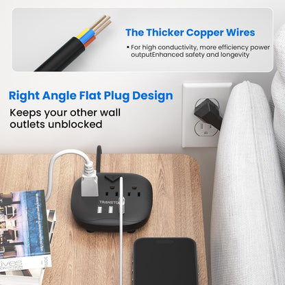 Power Strip with 3 Outlets and 3 USB Ports, Switch Control, 5 Ft Extension Cord, Compact Desktop Charging Station for Nightstand, Office, and Travel - Black