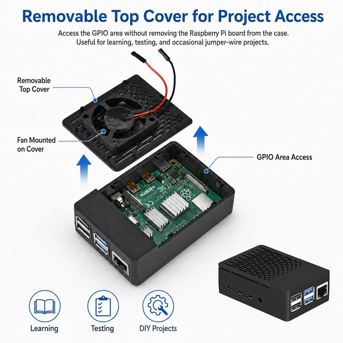 Raspberry Pi 4 ABS Case with Cooling Fan and Heatsink, Removable Top Cover for Model B/4B